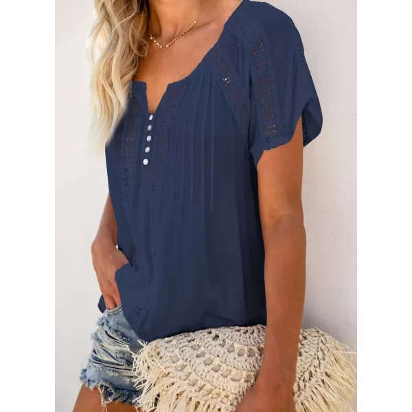 Dokotoo Women's V Neck Lace Crochet Eyelet Tops Short Sleeve Casual Shirts Blouses