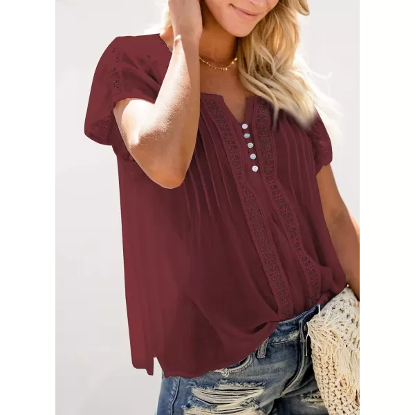 Dokotoo Women's V Neck Lace Crochet Eyelet Tops Short Sleeve Casual Shirts Blouses
