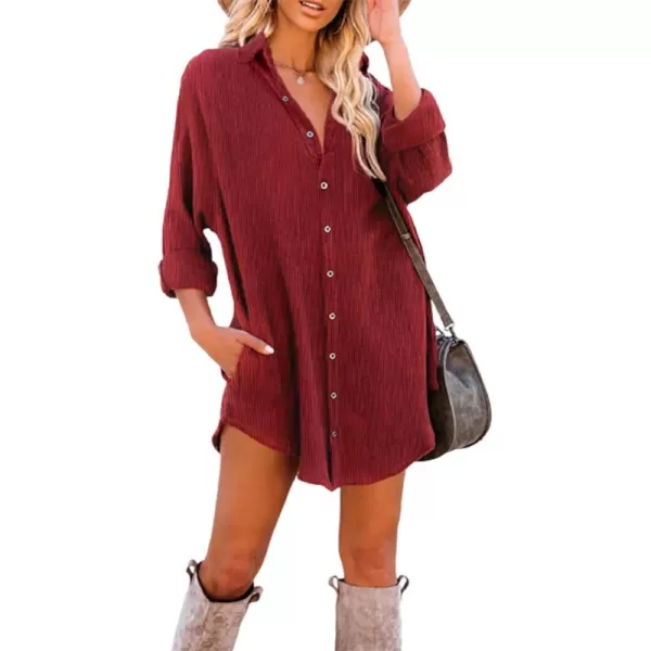 Dokotoo Women's Corduroy Long Sleeve Button Down Shirts Tunic Dresses with Pockets