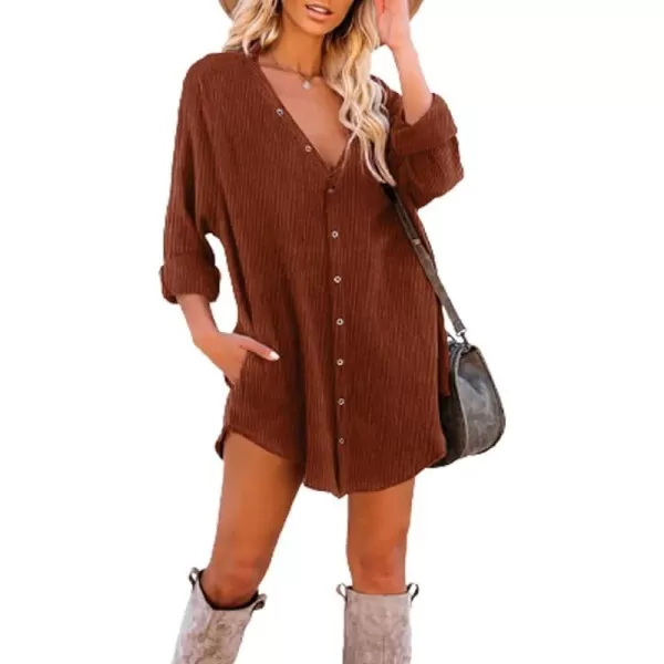 Dokotoo Women's Corduroy Long Sleeve Button Down Shirts Tunic Dresses with Pockets