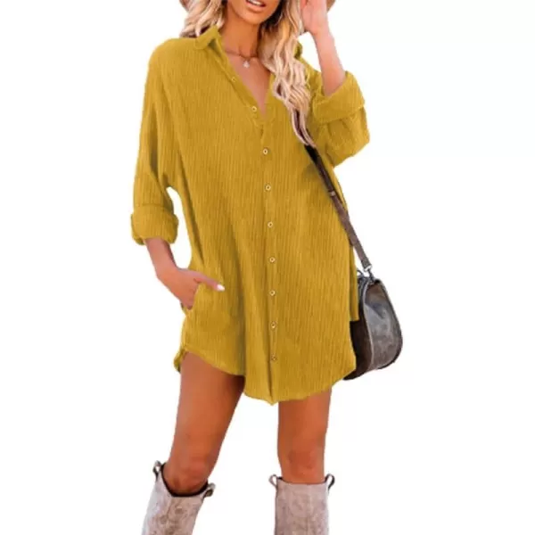 Dokotoo Women's Corduroy Long Sleeve Button Down Shirts Tunic Dresses with Pockets