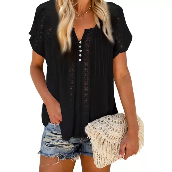 Dokotoo Women's V Neck Lace Crochet Eyelet Tops Short Sleeve Casual Shirts Blouses