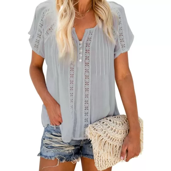 Dokotoo Women's V Neck Lace Crochet Eyelet Tops Short Sleeve Casual Shirts Blouses