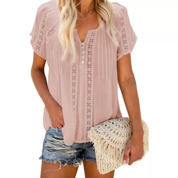 Dokotoo Women's V Neck Lace Crochet Eyelet Tops Short Sleeve Casual Shirts Blouses