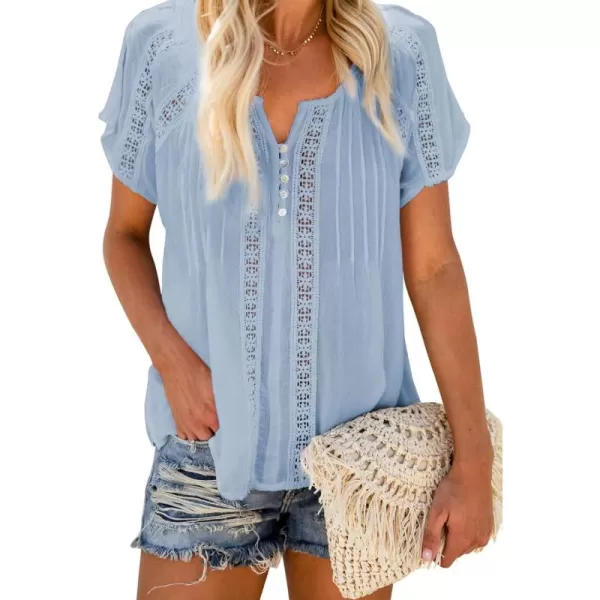 Dokotoo Women's V Neck Lace Crochet Eyelet Tops Short Sleeve Casual Shirts Blouses