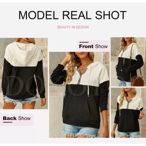 Dokotoo Womens 2023 Hooded Button Collar Drawstring Hoodies Pullover Sweatshirts Casual Long Sleeve Tops Shirts