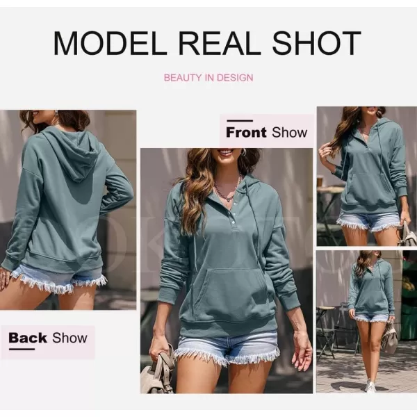Dokotoo Womens 2023 Hooded Button Collar Drawstring Hoodies Pullover Sweatshirts Casual Long Sleeve Tops Shirts
