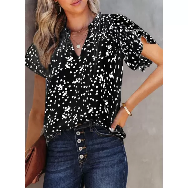Dokotoo Women's Casual V Neck Alicia Floral Print Smocked Short Sleeve Chiffon Blouses Bohemian Top Shirts