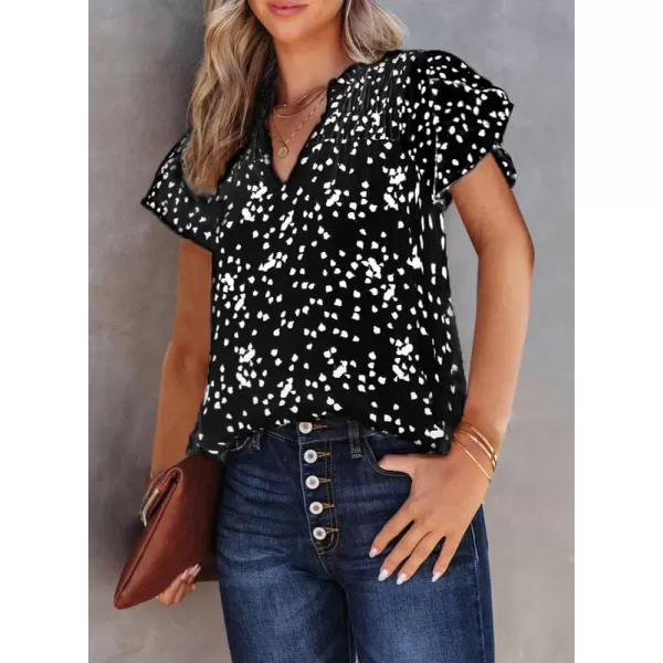 Dokotoo Women's Casual V Neck Alicia Floral Print Smocked Short Sleeve Chiffon Blouses Bohemian Top Shirts