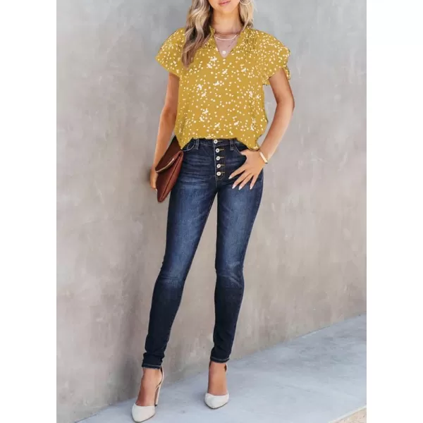 Dokotoo Women's Casual V Neck Alicia Floral Print Smocked Short Sleeve Chiffon Blouses Bohemian Top Shirts