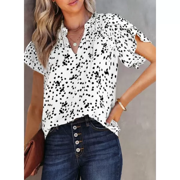 Dokotoo Women's Casual V Neck Alicia Floral Print Smocked Short Sleeve Chiffon Blouses Bohemian Top Shirts