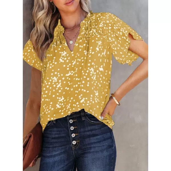Dokotoo Women's Casual V Neck Alicia Floral Print Smocked Short Sleeve Chiffon Blouses Bohemian Top Shirts