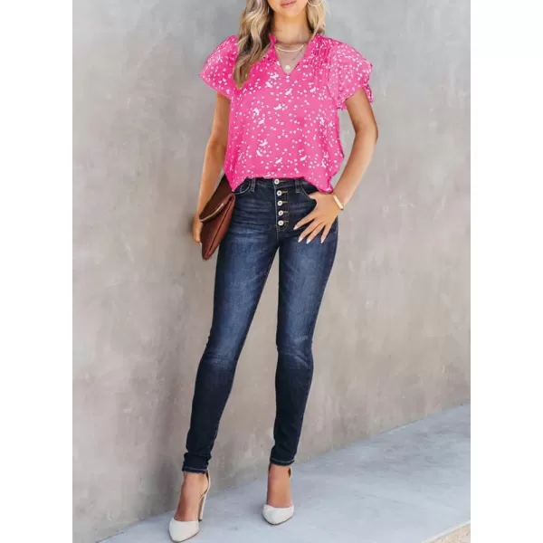 Dokotoo Women's Casual V Neck Alicia Floral Print Smocked Short Sleeve Chiffon Blouses Bohemian Top Shirts