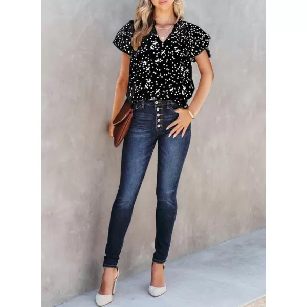 Dokotoo Women's Casual V Neck Alicia Floral Print Smocked Short Sleeve Chiffon Blouses Bohemian Top Shirts