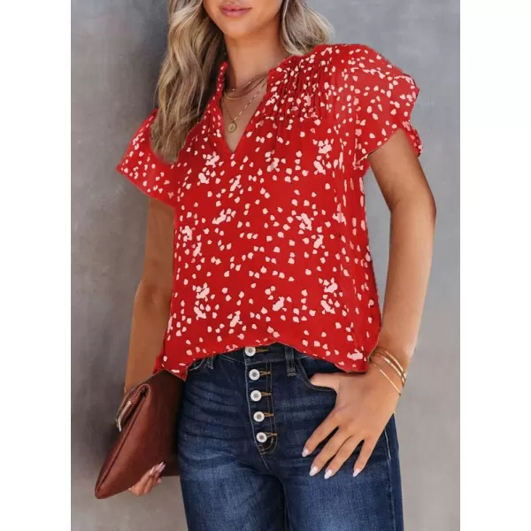 Dokotoo Women's Casual V Neck Alicia Floral Print Smocked Short Sleeve Chiffon Blouses Bohemian Top Shirts