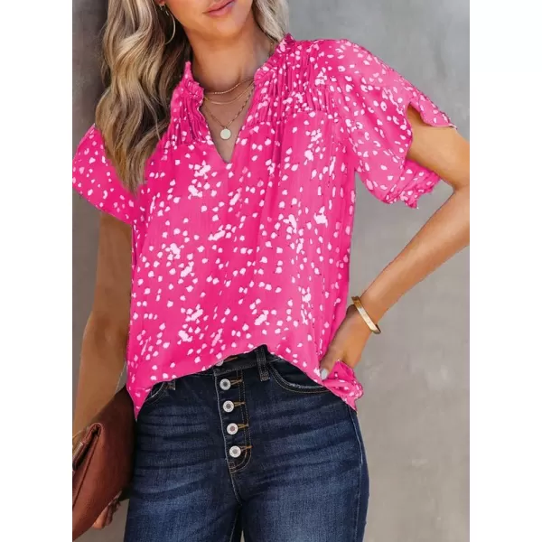 Dokotoo Women's Casual V Neck Alicia Floral Print Smocked Short Sleeve Chiffon Blouses Bohemian Top Shirts
