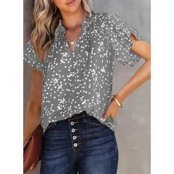 Dokotoo Women's Casual V Neck Alicia Floral Print Smocked Short Sleeve Chiffon Blouses Bohemian Top Shirts
