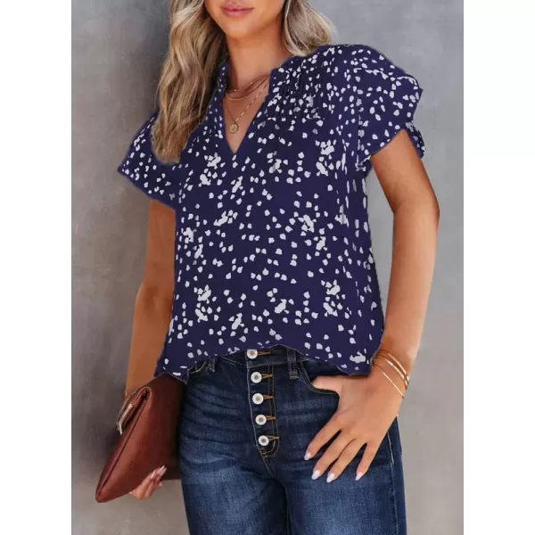 Dokotoo Women's Casual V Neck Alicia Floral Print Smocked Short Sleeve Chiffon Blouses Bohemian Top Shirts