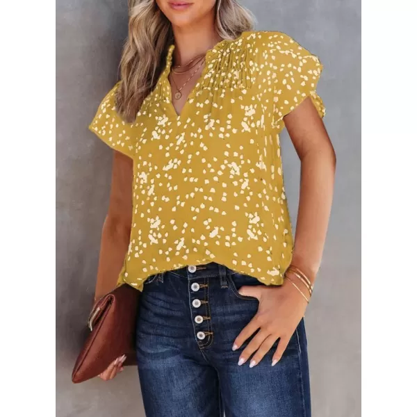 Dokotoo Women's Casual V Neck Alicia Floral Print Smocked Short Sleeve Chiffon Blouses Bohemian Top Shirts