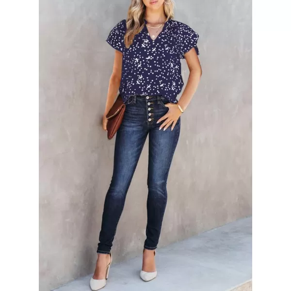 Dokotoo Women's Casual V Neck Alicia Floral Print Smocked Short Sleeve Chiffon Blouses Bohemian Top Shirts