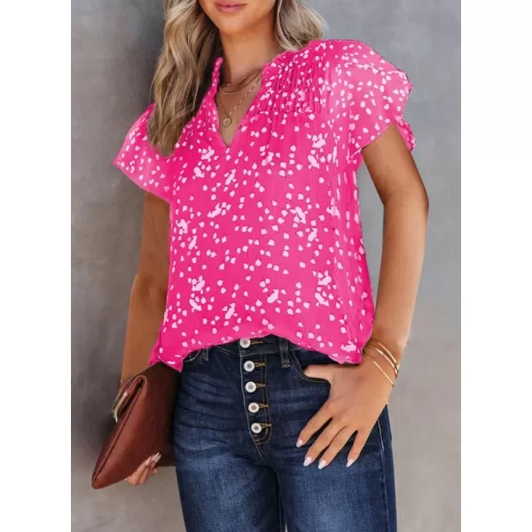 Dokotoo Women's Casual V Neck Alicia Floral Print Smocked Short Sleeve Chiffon Blouses Bohemian Top Shirts
