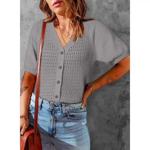 Dokotoo Womens Summer Tops 2024 Trendy V Neck Hollow Out Cropped Button Down Shirts Puff Sleeves Blouses