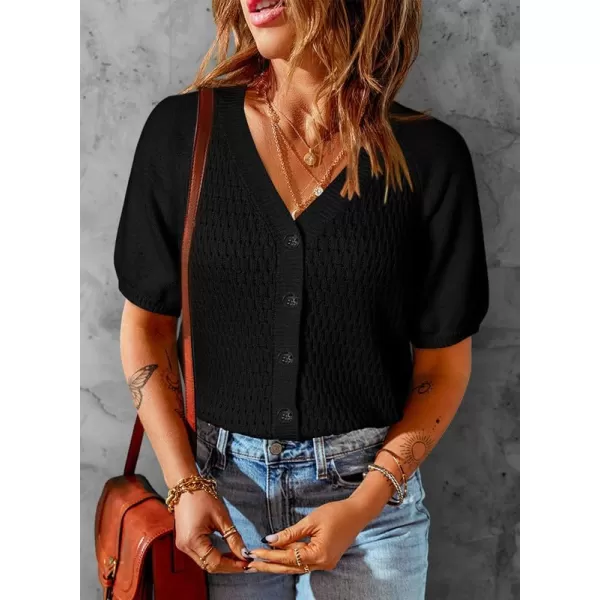 Dokotoo Womens Summer Tops 2024 Trendy V Neck Hollow Out Cropped Button Down Shirts Puff Sleeves Blouses