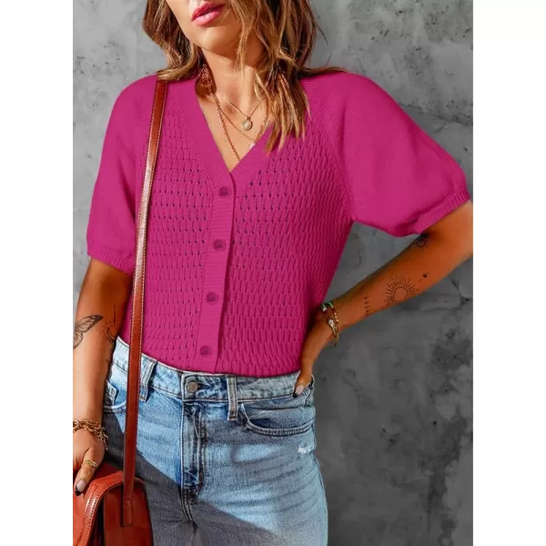 Dokotoo Womens Summer Tops 2024 Trendy V Neck Hollow Out Cropped Button Down Shirts Puff Sleeves Blouses