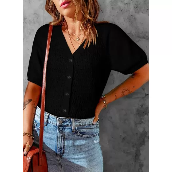 Dokotoo Womens Summer Tops 2024 Trendy V Neck Hollow Out Cropped Button Down Shirts Puff Sleeves Blouses
