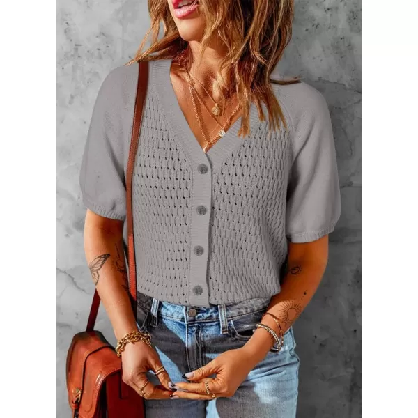 Dokotoo Womens Summer Tops 2024 Trendy V Neck Hollow Out Cropped Button Down Shirts Puff Sleeves Blouses