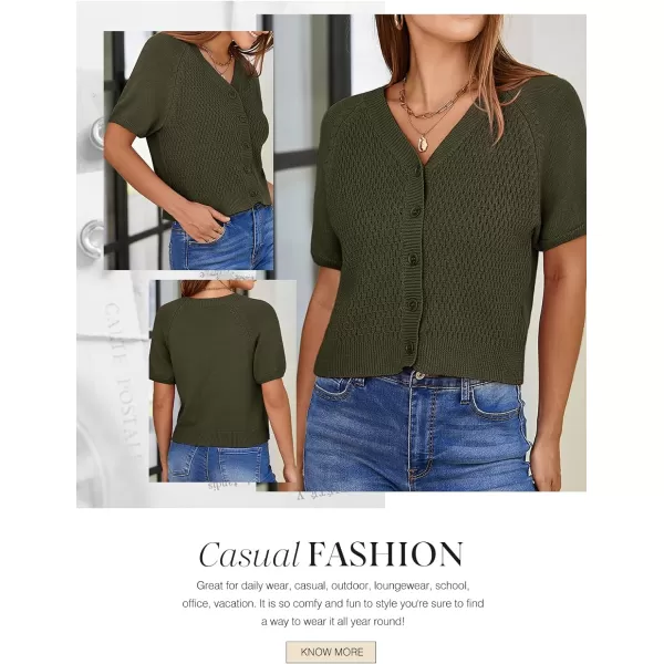 Dokotoo Womens Summer Tops 2024 Trendy V Neck Hollow Out Cropped Button Down Shirts Puff Sleeves Blouses