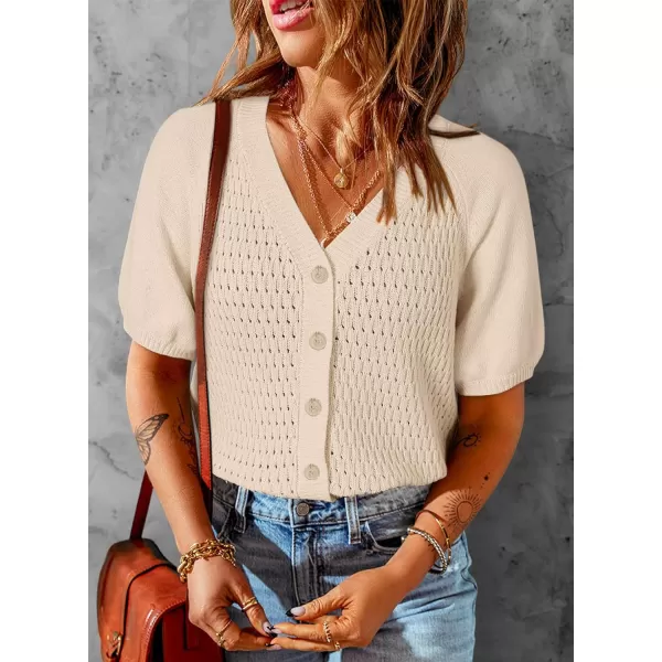 Dokotoo Womens Summer Tops 2024 Trendy V Neck Hollow Out Cropped Button Down Shirts Puff Sleeves Blouses