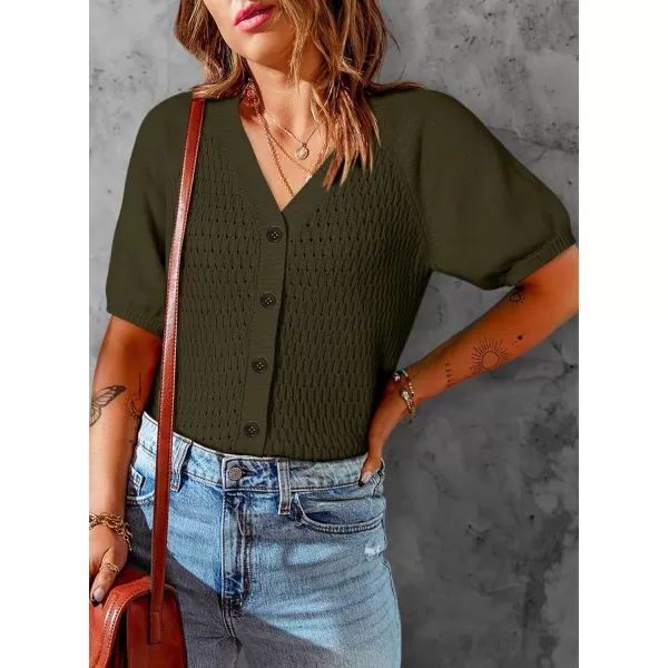 Dokotoo Womens Summer Tops 2024 Trendy V Neck Hollow Out Cropped Button Down Shirts Puff Sleeves Blouses