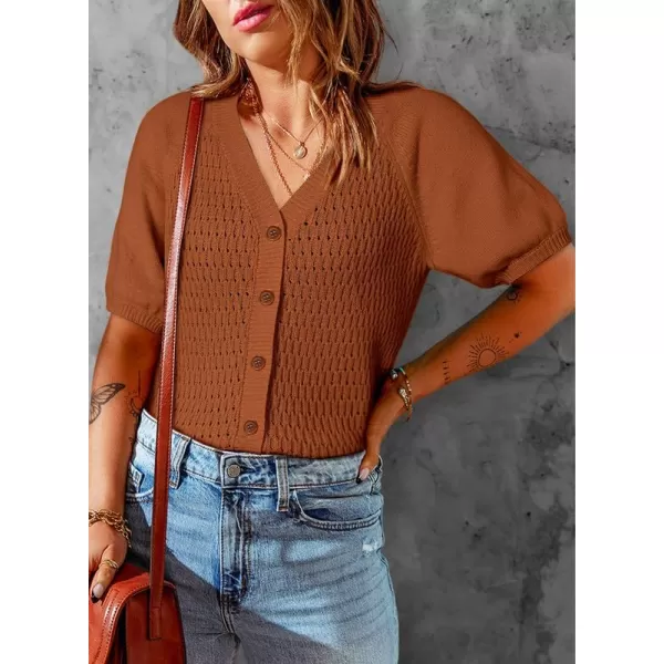Dokotoo Womens Summer Tops 2024 Trendy V Neck Hollow Out Cropped Button Down Shirts Puff Sleeves Blouses