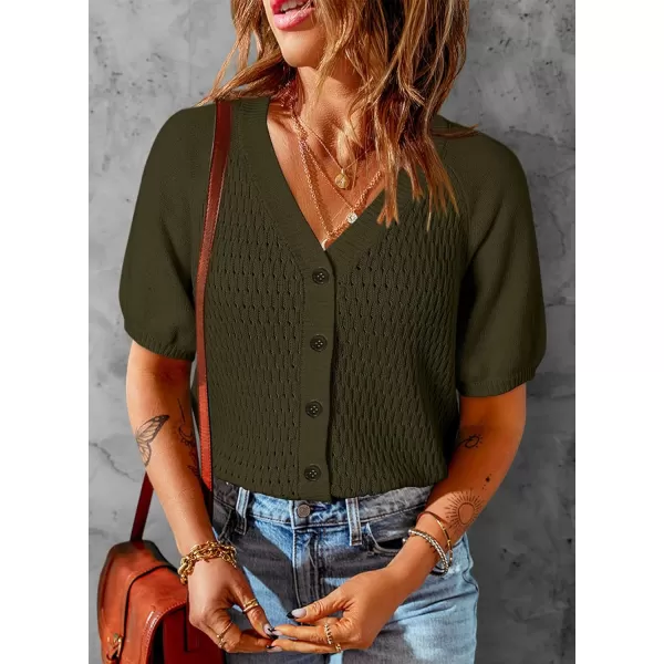 Dokotoo Womens Summer Tops 2024 Trendy V Neck Hollow Out Cropped Button Down Shirts Puff Sleeves Blouses