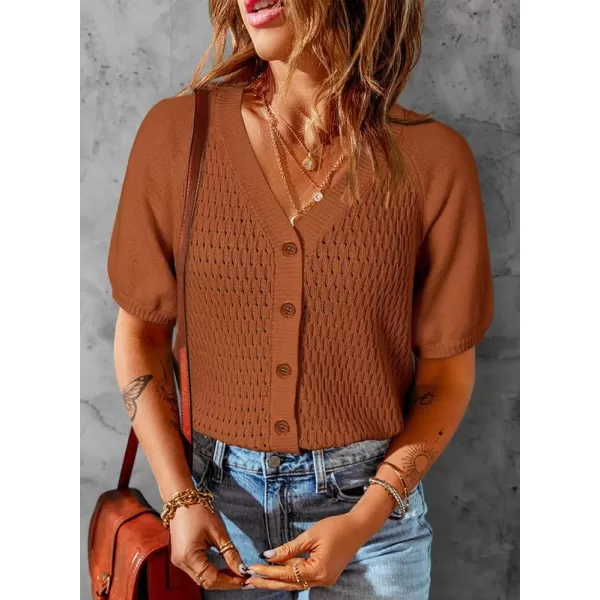 Dokotoo Womens Summer Tops 2024 Trendy V Neck Hollow Out Cropped Button Down Shirts Puff Sleeves Blouses