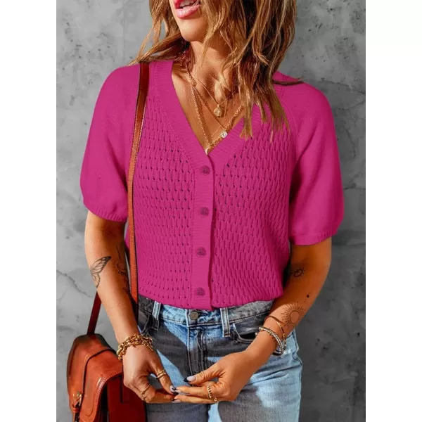 Dokotoo Womens Summer Tops 2024 Trendy V Neck Hollow Out Cropped Button Down Shirts Puff Sleeves Blouses