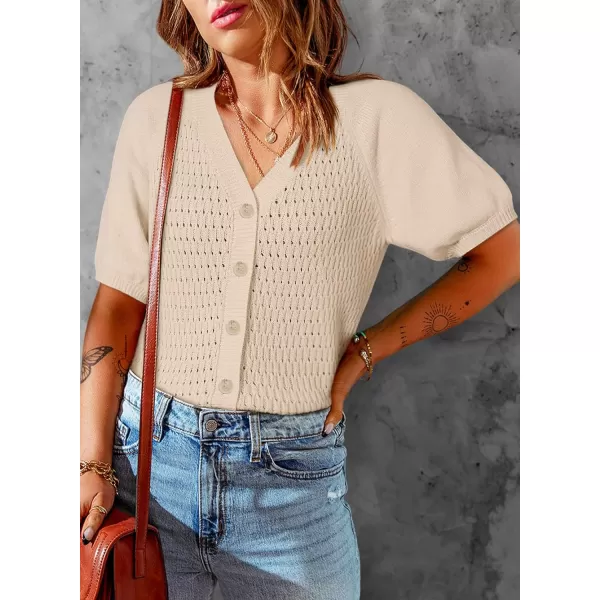 Dokotoo Womens Summer Tops 2024 Trendy V Neck Hollow Out Cropped Button Down Shirts Puff Sleeves Blouses