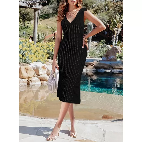Dokotoo Womens Swimwear Cover Ups 2024 Summer V Neck Lapel Sleeveless Crochet Hollow Out Knit Swimsuit Long Beach Dress