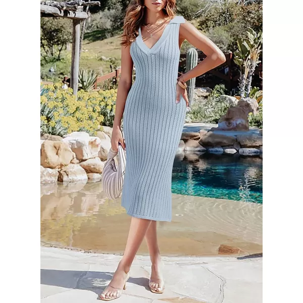 Dokotoo Womens Swimwear Cover Ups 2024 Summer V Neck Lapel Sleeveless Crochet Hollow Out Knit Swimsuit Long Beach Dress