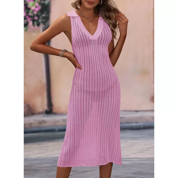 Dokotoo Womens Swimwear Cover Ups 2024 Summer V Neck Lapel Sleeveless Crochet Hollow Out Knit Swimsuit Long Beach Dress