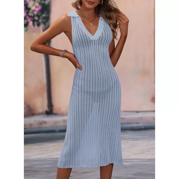 Dokotoo Womens Swimwear Cover Ups 2024 Summer V Neck Lapel Sleeveless Crochet Hollow Out Knit Swimsuit Long Beach Dress