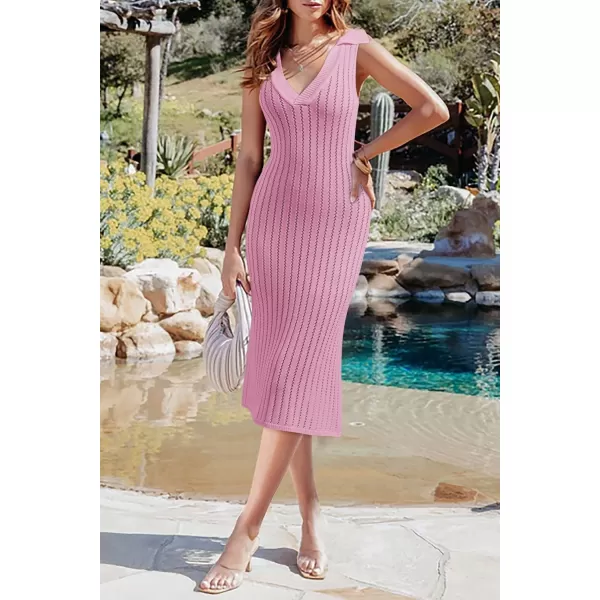 Dokotoo Womens Swimwear Cover Ups 2024 Summer V Neck Lapel Sleeveless Crochet Hollow Out Knit Swimsuit Long Beach Dress
