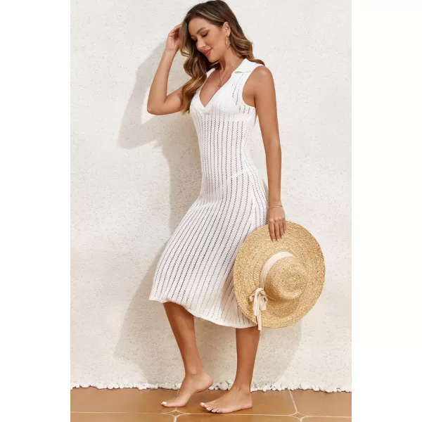 Dokotoo Womens Swimwear Cover Ups 2024 Summer V Neck Lapel Sleeveless Crochet Hollow Out Knit Swimsuit Long Beach Dress