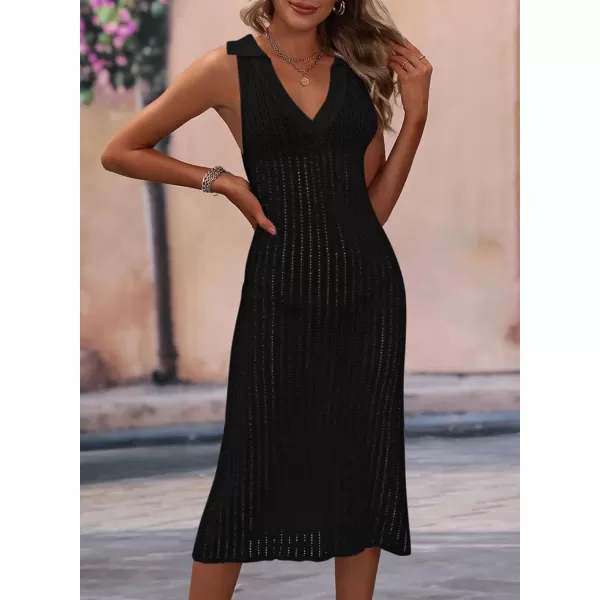 Dokotoo Womens Swimwear Cover Ups 2024 Summer V Neck Lapel Sleeveless Crochet Hollow Out Knit Swimsuit Long Beach Dress