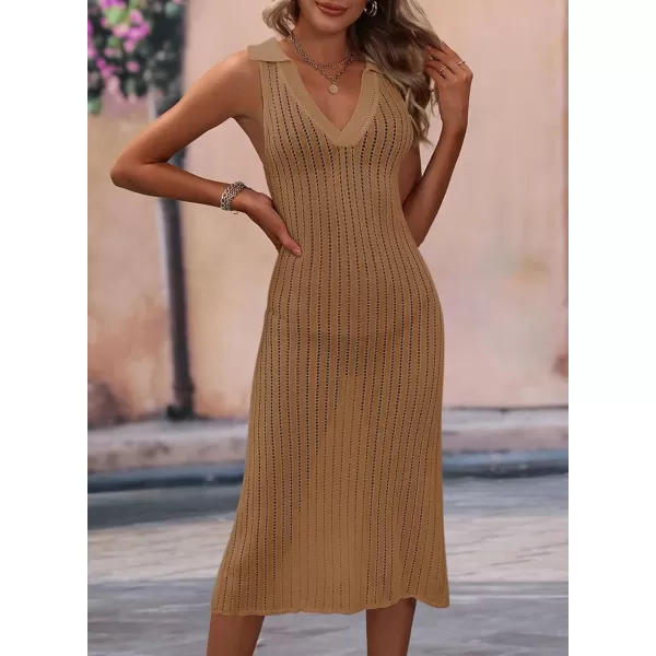 Dokotoo Womens Swimwear Cover Ups 2024 Summer V Neck Lapel Sleeveless Crochet Hollow Out Knit Swimsuit Long Beach Dress