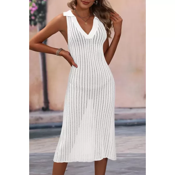 Dokotoo Womens Swimwear Cover Ups 2024 Summer V Neck Lapel Sleeveless Crochet Hollow Out Knit Swimsuit Long Beach Dress