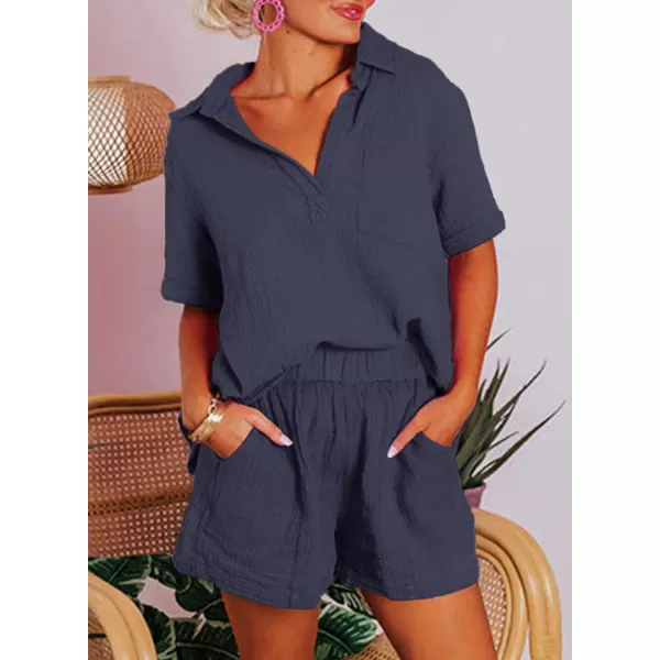 Dokotoo Women's Two Piece Outfits V Neck Short Sleeve Shirts and High Waist Shorts Lounge Sets