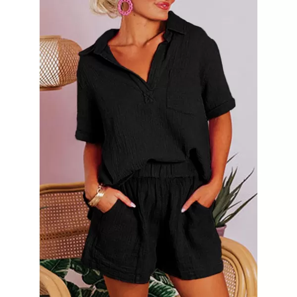 Dokotoo Women's Two Piece Outfits V Neck Short Sleeve Shirts and High Waist Shorts Lounge Sets