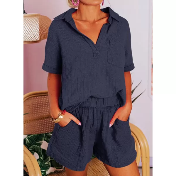 Dokotoo Women's Two Piece Outfits V Neck Short Sleeve Shirts and High Waist Shorts Lounge Sets